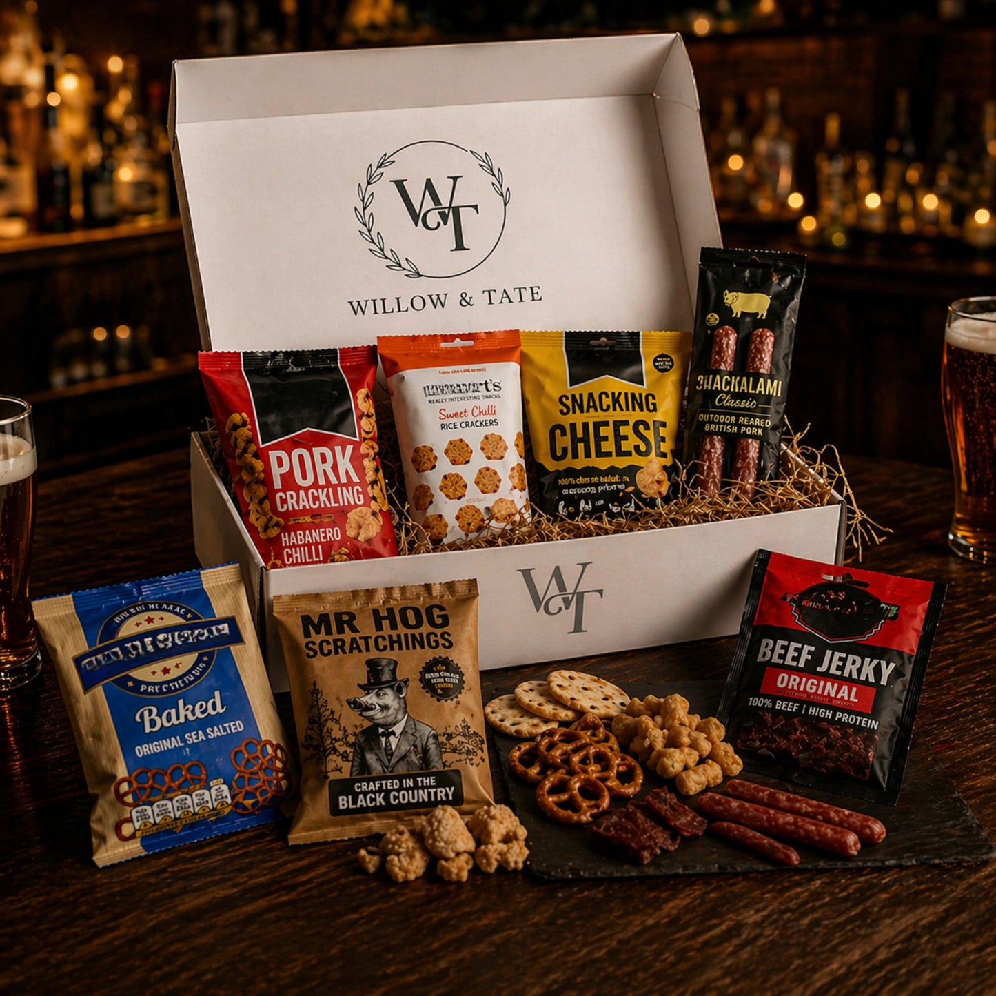 Willow & Tate Pub Snacks Hamper | Premium Savoury Snack Gift Box with Beef Jerky, Pork Scratching, Salami & Pretzels | Gift for Beer Lovers & Foodies