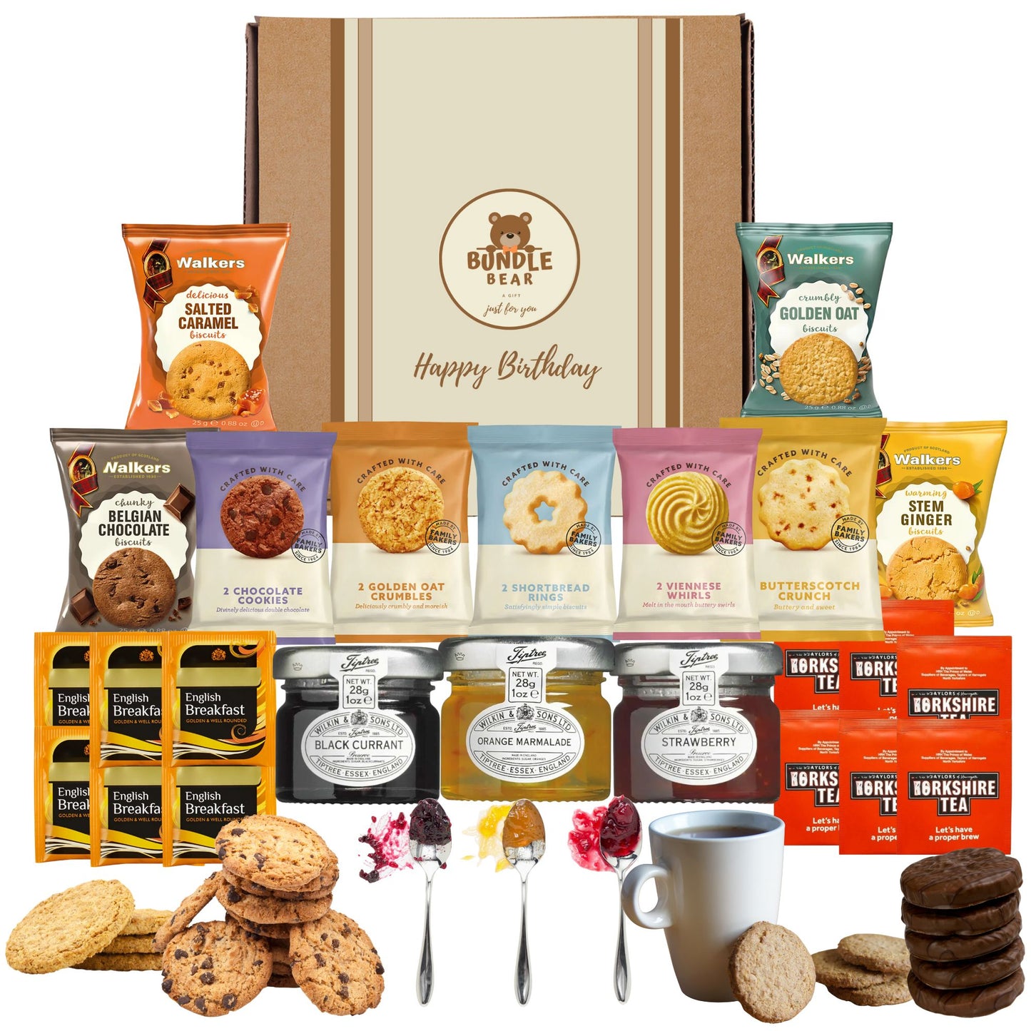 Afternoon Tea Hamper Gift Set – 9 Biscuit Twin Packs, 3 Fruit Jam Pots & 12 Premium Tea Bags – Luxury British Treat Box, Gift Hamper for Women, Men & Couples – Thank You Hamper