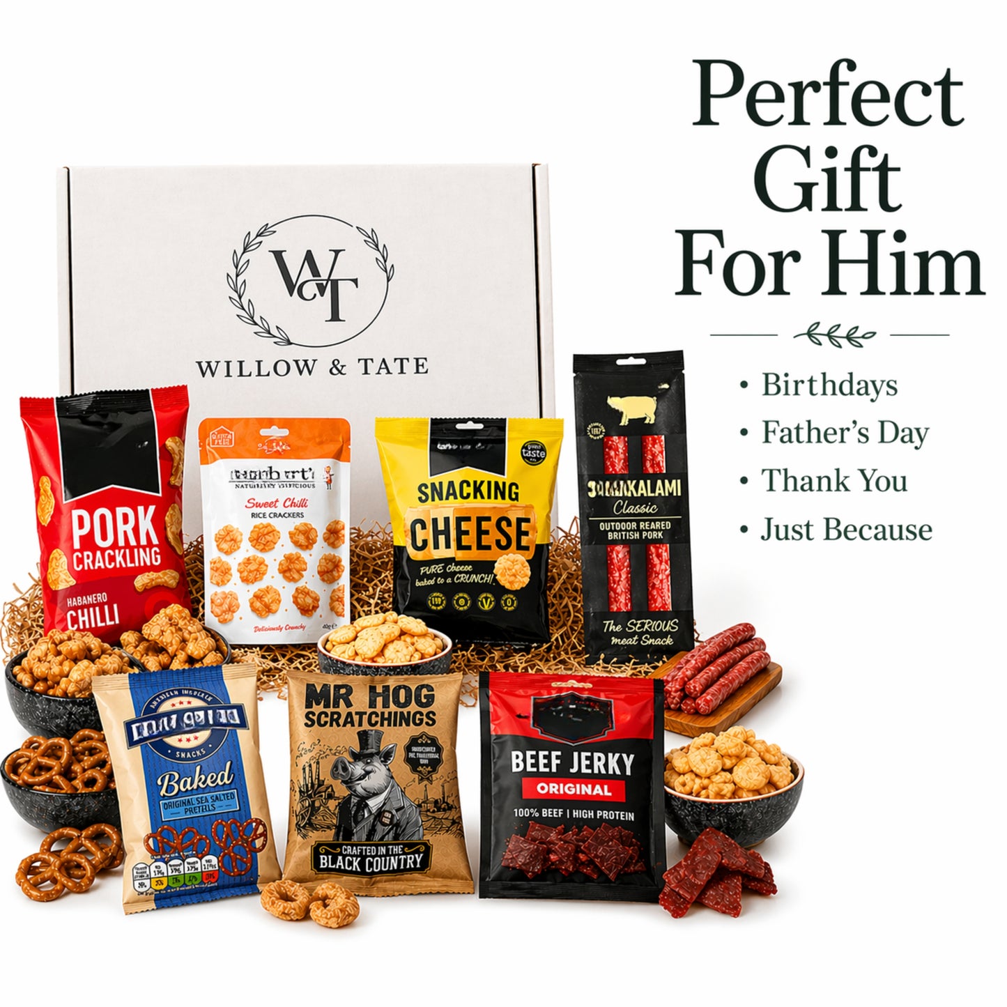 Willow & Tate Pub Snacks Hamper | Premium Savoury Snack Gift Box with Beef Jerky, Pork Scratching, Salami & Pretzels | Gift for Beer Lovers & Foodies