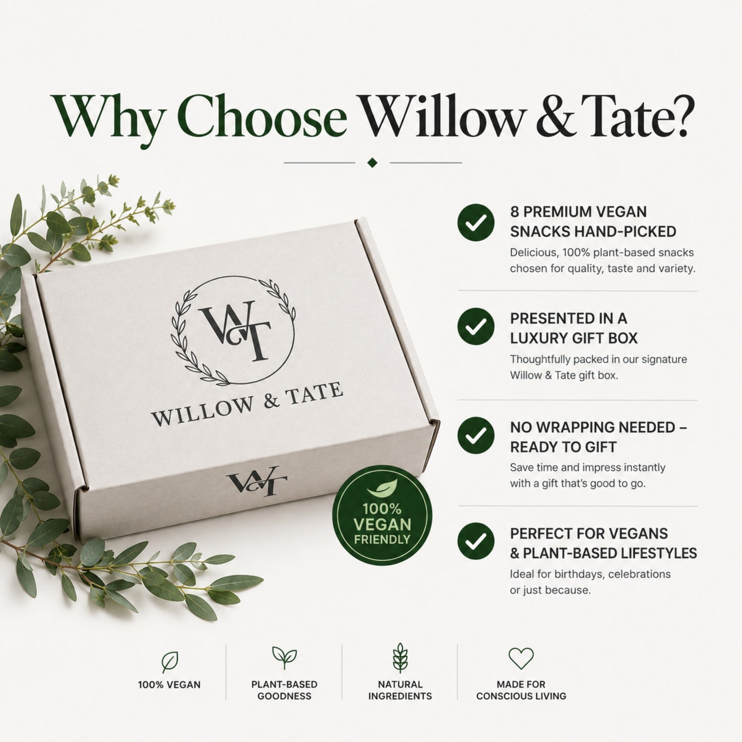 Willow & Tate Vegan Snack Hamper | Premium Plant Based Gift Box with Sweet & Savoury Treats | Luxury Vegan Gift for Birthdays, Thank You & Any Occasion