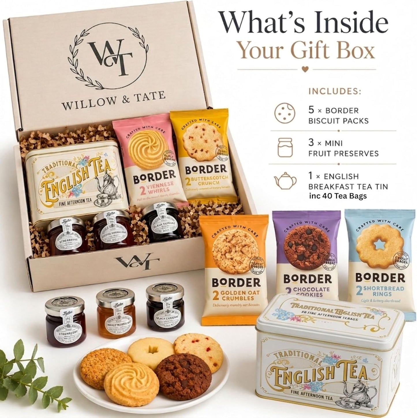 Willow & Tate Afternoon Tea Gift Set | English Tea, Luxury Biscuits & Mini Preserves | Premium Gift Box for Mum, Birthday, Thank You & Any Occasion