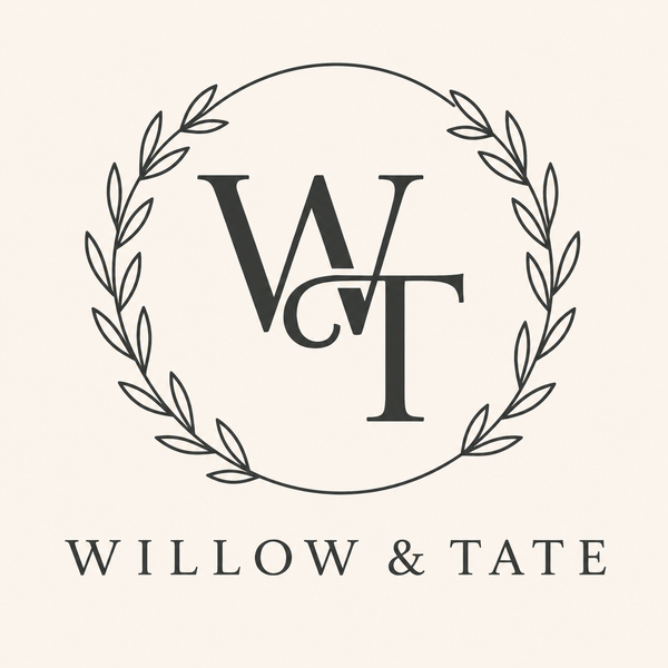 A minimalist logo featuring the initials 'W' and 'T' intertwined inside a circular laurel wreath, with the text 'WILLOW & TATE' below on a light cream background.
