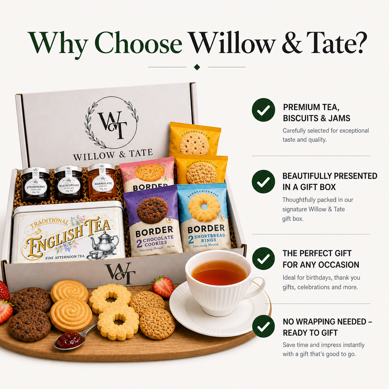 Willow & Tate Afternoon Tea Gift Set | English Tea, Luxury Biscuits & Mini Preserves | Premium Gift Box for Mum, Birthday, Thank You & Any Occasion