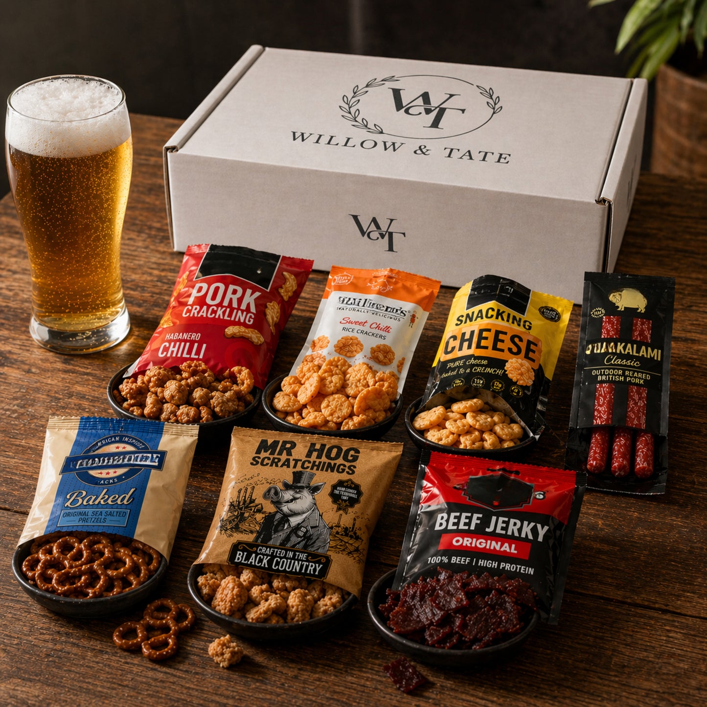 Willow & Tate Pub Snacks Hamper | Premium Savoury Snack Gift Box with Beef Jerky, Pork Scratching, Salami & Pretzels | Gift for Beer Lovers & Foodies