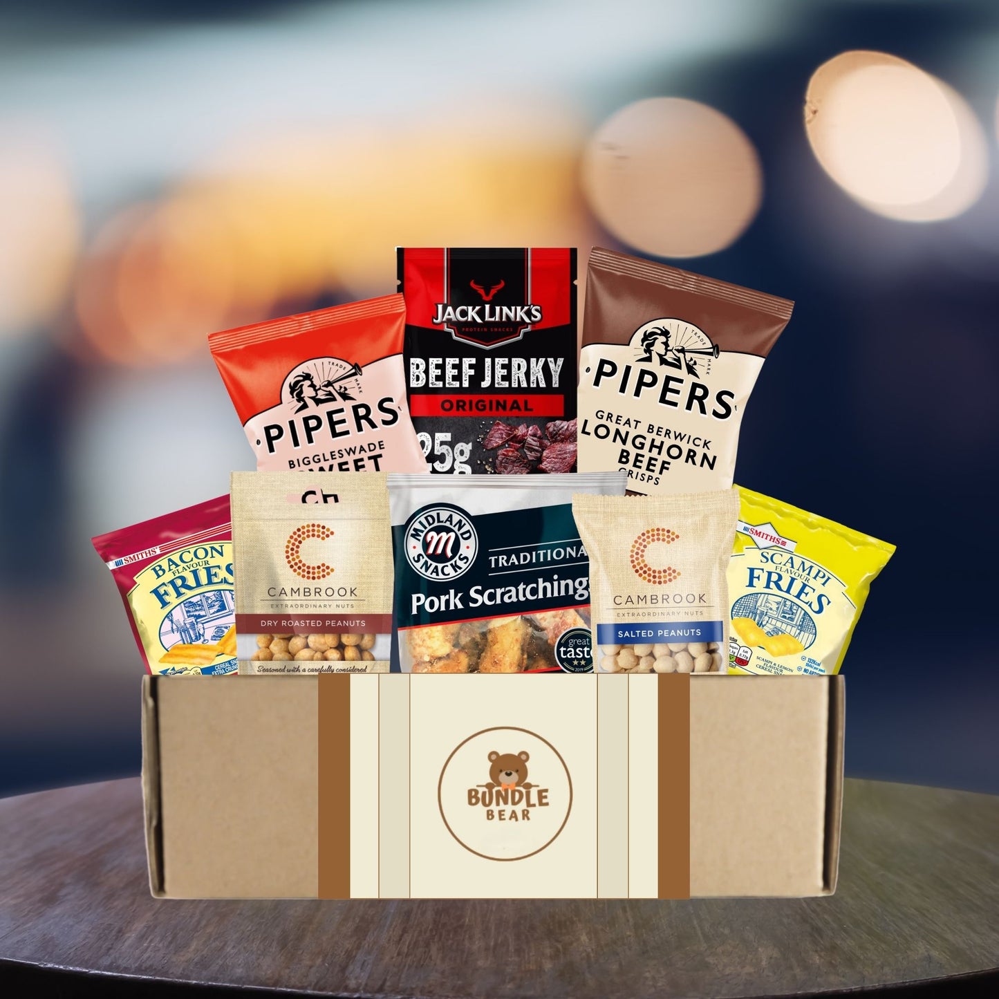 Pub Snacks Hamper for Men - Savoury Snack Gift Box with Beef Jerky, Pork Scratchings, Pipers Crisps, Cambrook Nuts, and More