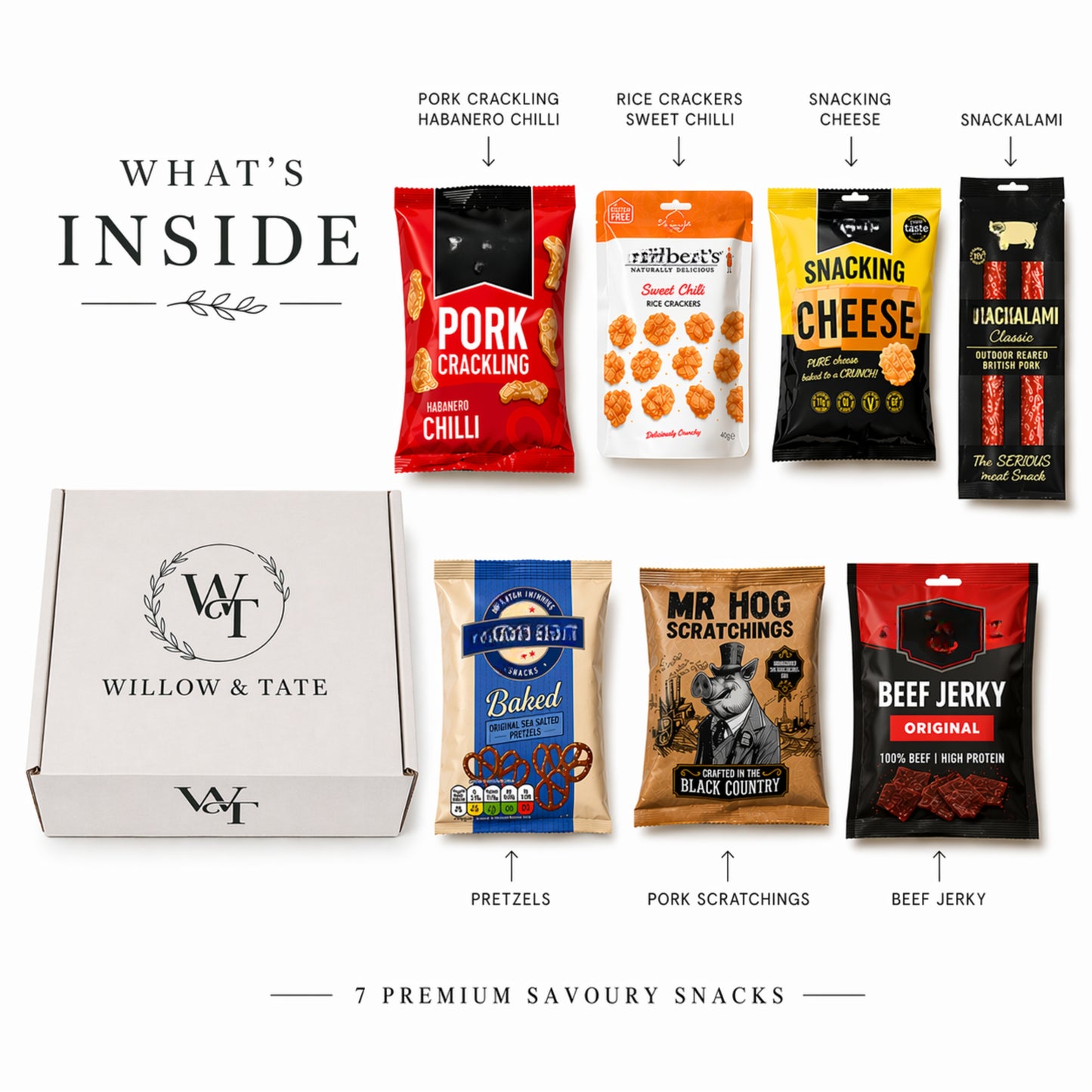 Willow & Tate Pub Snacks Hamper | Premium Savoury Snack Gift Box with Beef Jerky, Pork Scratching, Salami & Pretzels | Gift for Beer Lovers & Foodies