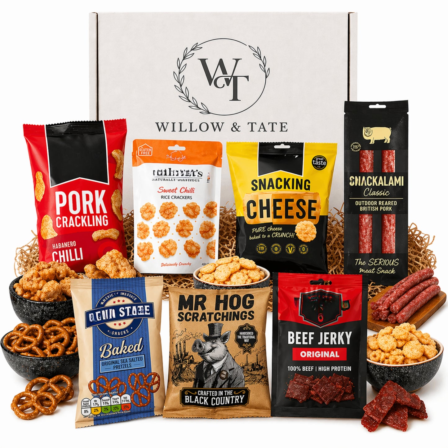 Willow & Tate Pub Snacks Hamper | Premium Savoury Snack Gift Box with Beef Jerky, Pork Scratching, Salami & Pretzels | Gift for Beer Lovers & Foodies