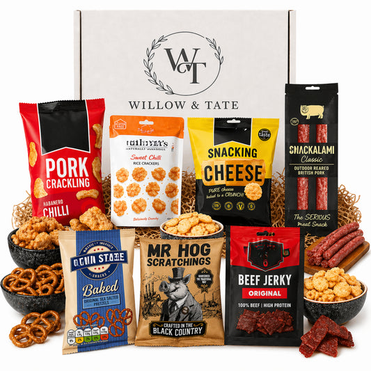 Willow & Tate Pub Snacks Hamper | Premium Savoury Snack Gift Box with Beef Jerky, Pork Scratching, Salami & Pretzels | Gift for Beer Lovers & Foodies